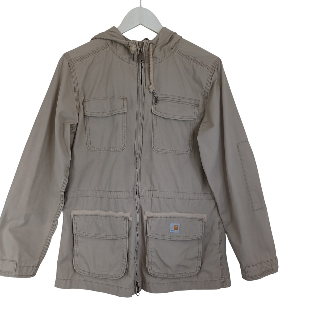 Carhartt Womens Tan Khaki Cotton Twill Hooded Utility Field Jacket S